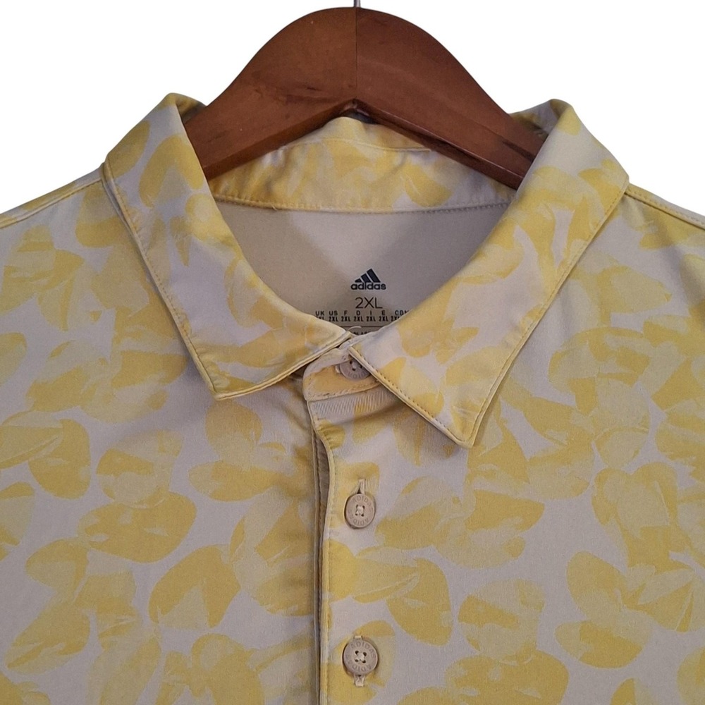 Adidas Polo Shirt Mens 2XL Yellow Floral Print Golf Performance Stretch